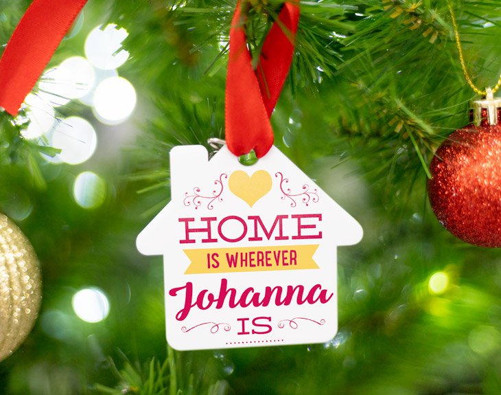 Customised methacrylate houseshaped Christmas decoration "Home is