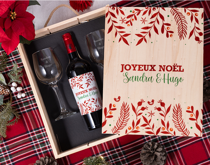 Coffret avec bouteille de vin et verres personnalisés "Branches" MadeinGift
